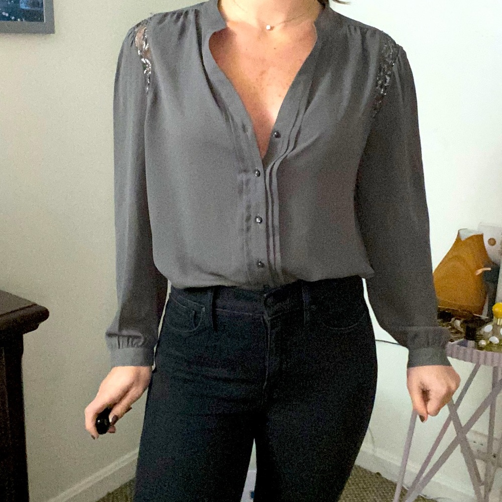 Gray blouse with beautiful floral lace accent